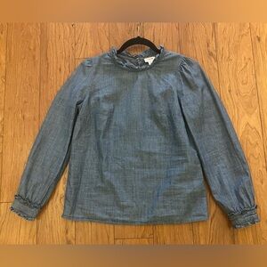 J Crew Factory Extra Small Women's Chambray Ruffle Neck Long Sleeve Blouse Top